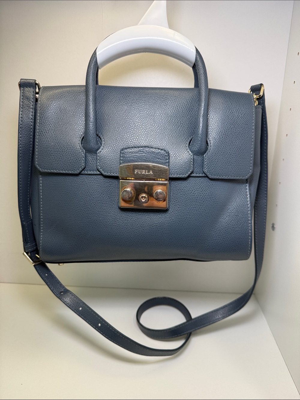 Furla Steel Blue Leather Top-Handle Satchel with Gold Hardware